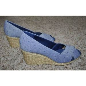 Womens Espadrille Wedge Sandals Chaps Blue Dot Chambray 7.5 Dakota Peep Toe